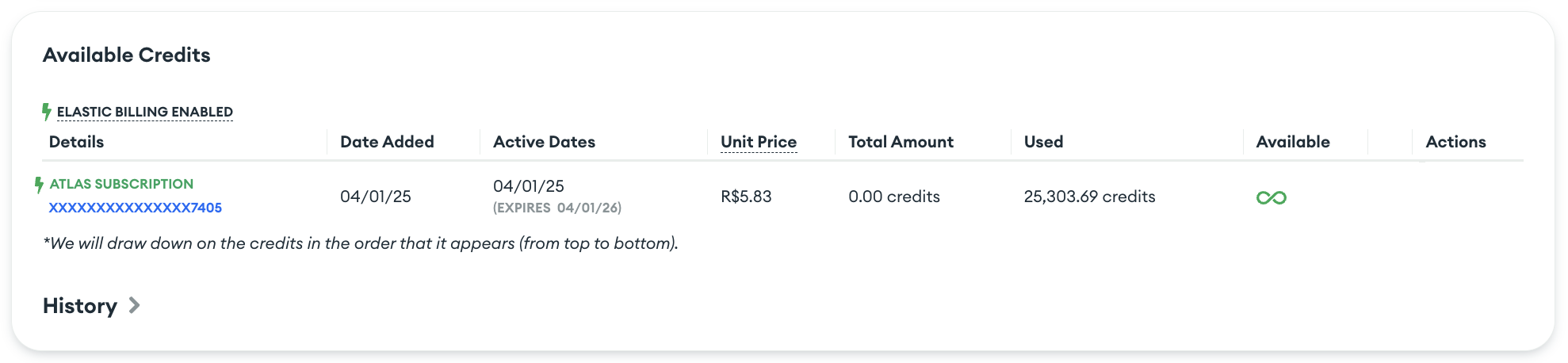 On your Available Credits table, Elastic Billing subscriptions display an infinity symbol in the "Available" column.