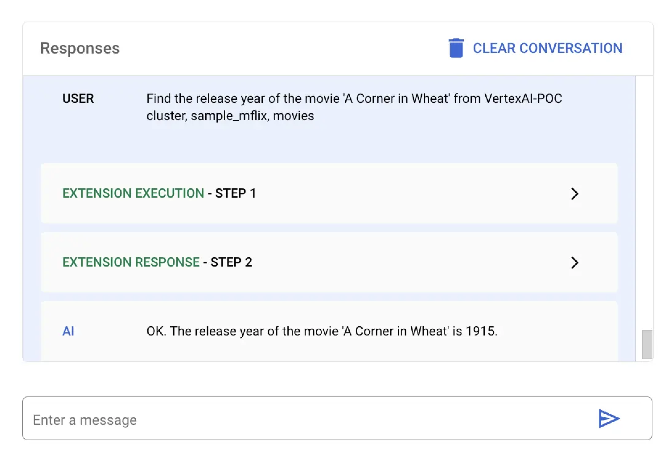 Screenshot of the Vertex AI response to the natural language query