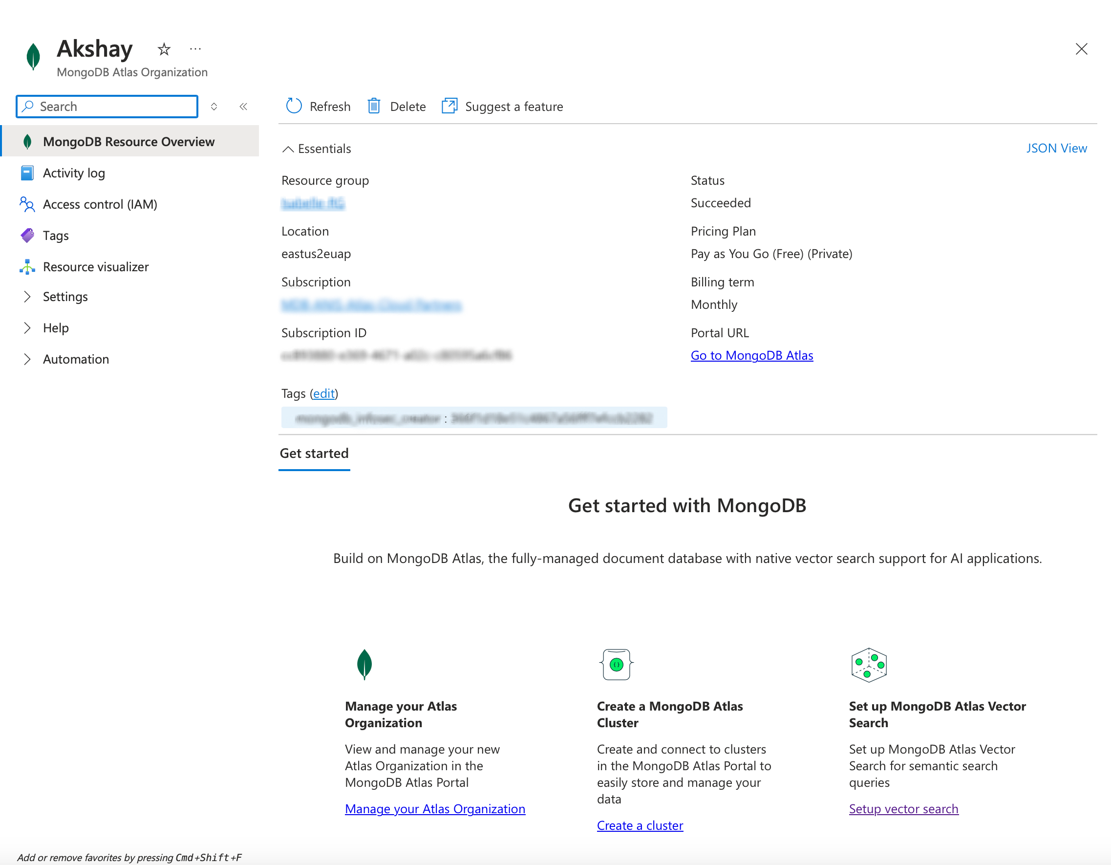 Azure Atlas Organization Portal URL