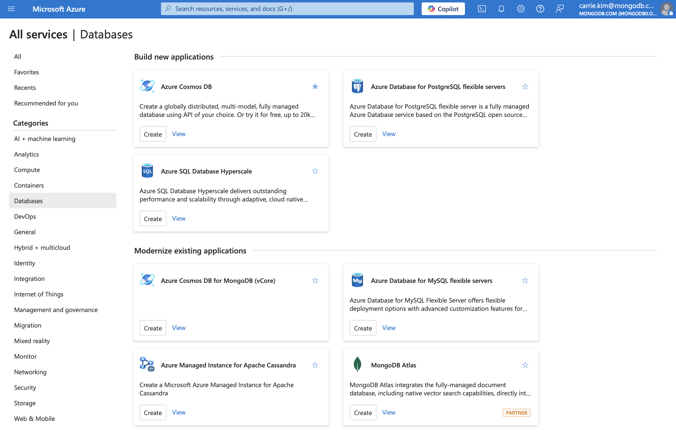 Azure databases page for navigating MongoDB Atlas